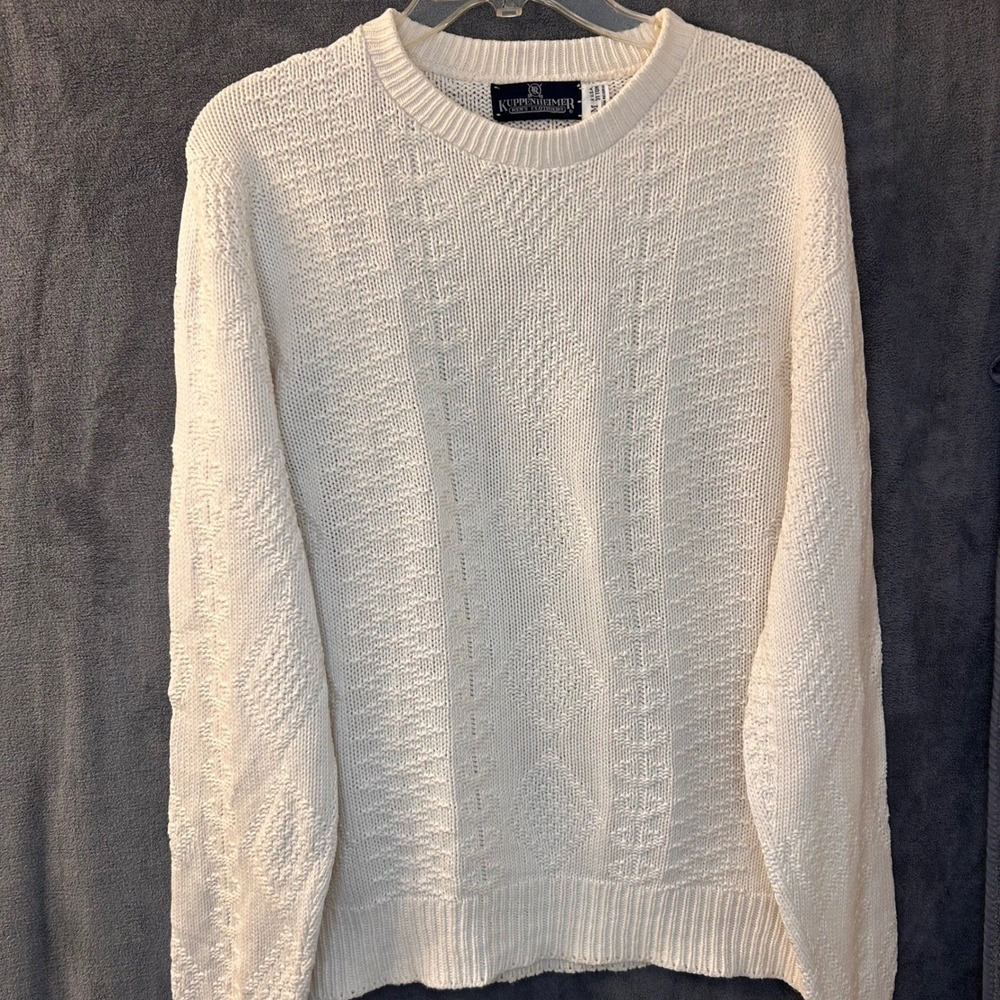 Vintage Kuppenheimer Mens Medium Ivory Knit Sweater Textured Crew Neck USA Made